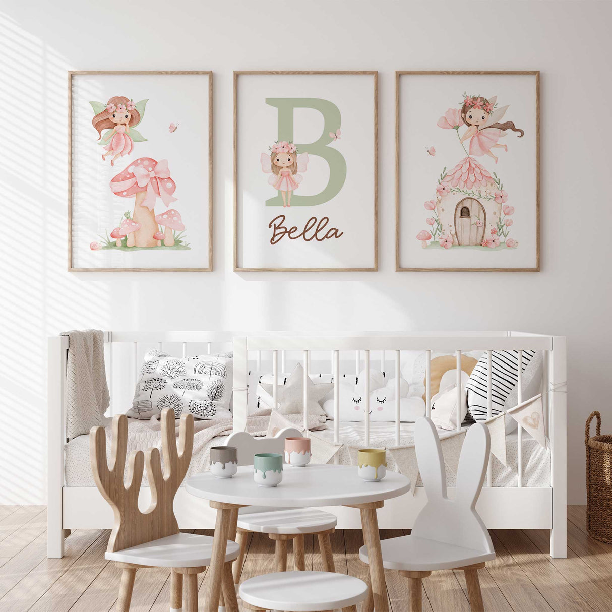 pastel fairy nursery decor print with mushroom and fairy