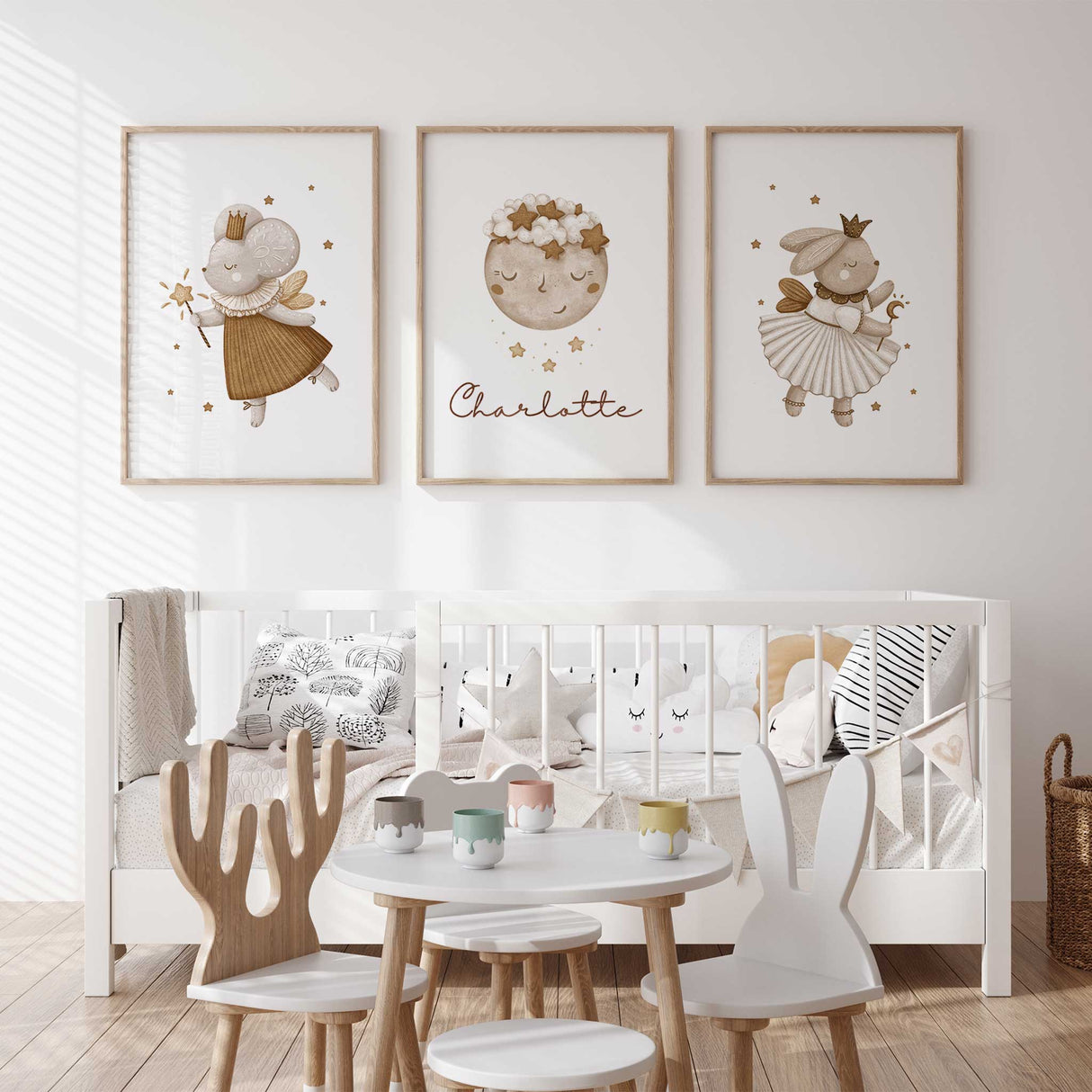 personalised fairy name nursery print with moon and gentle storybook theme
