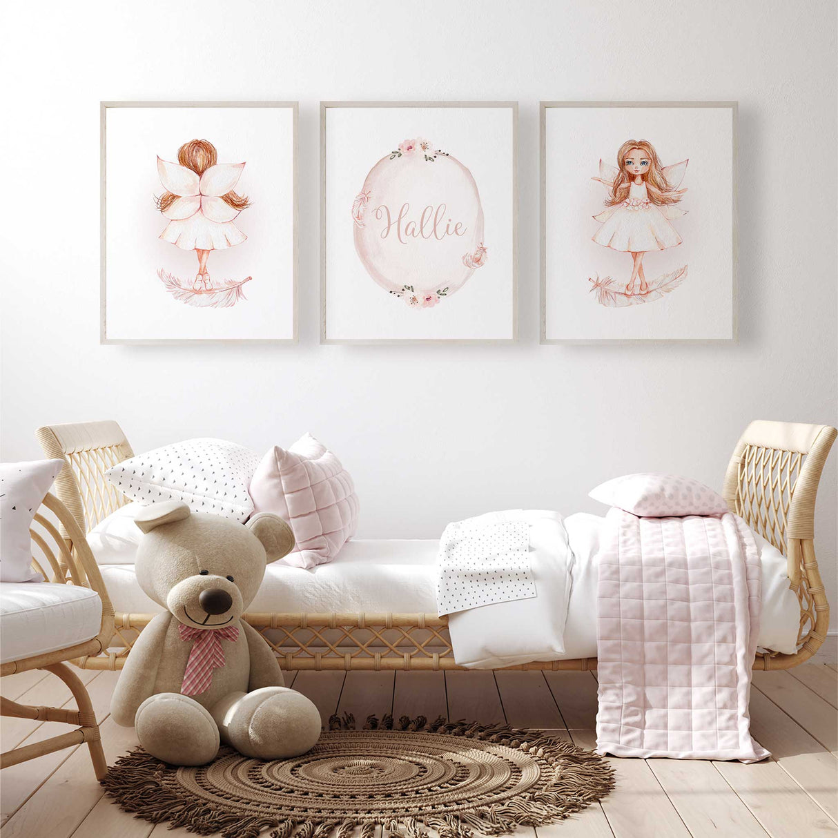 Personalised fairy wall art set of three prints with name, pink wings and flowers for girls bedroom decor