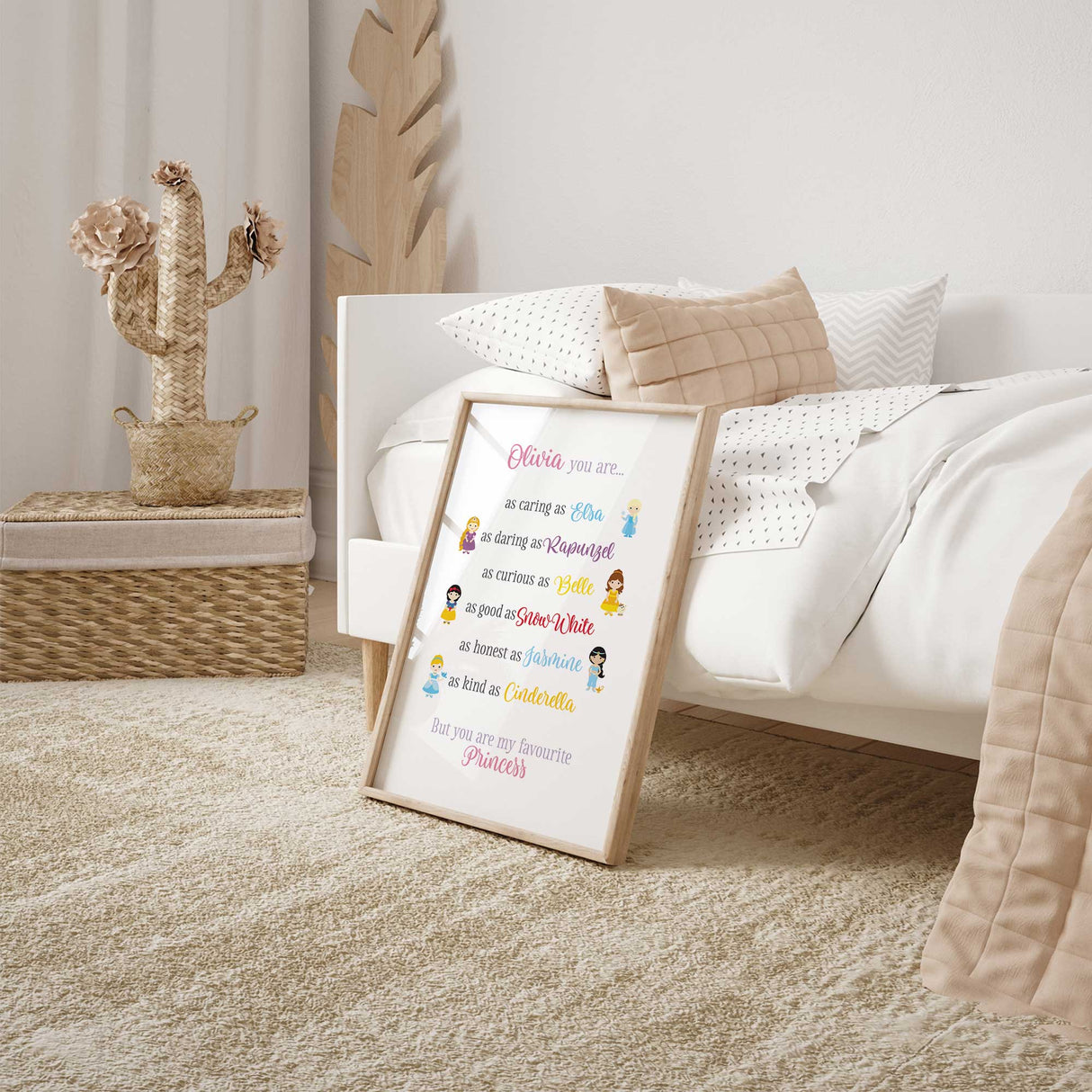 Fairytale-inspired nursery art print with princess quotes and colourful design