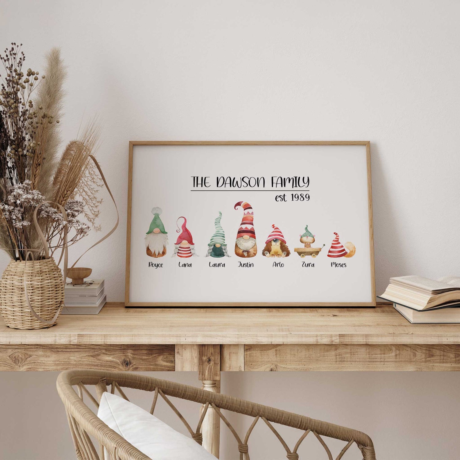 Custom gnome gonk family artwork in red and green, printed wall art for living room or hallway. ideal christmas gift