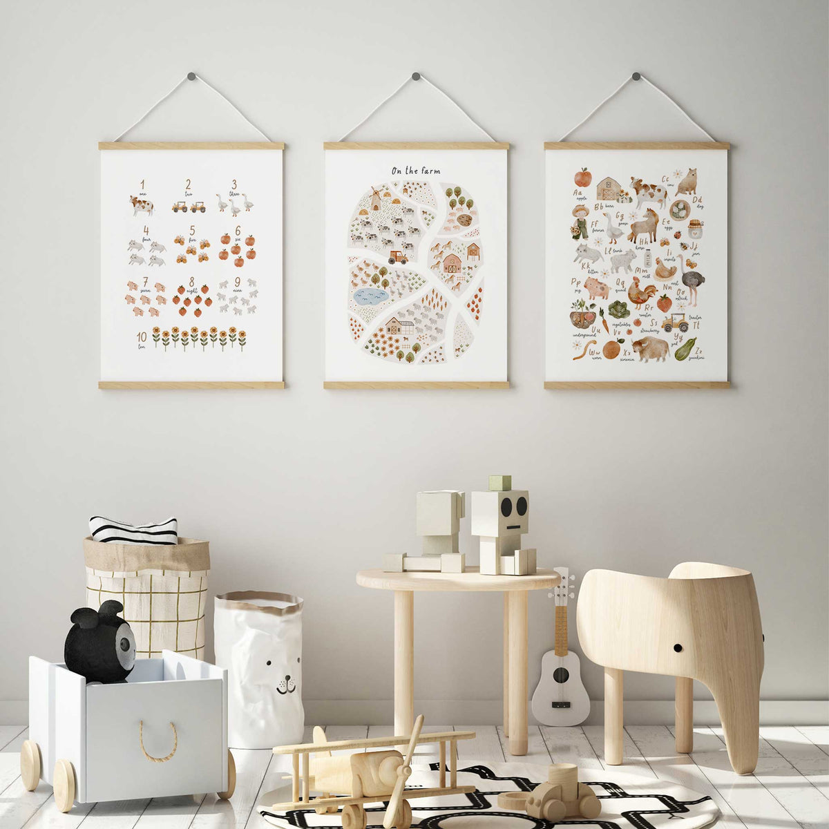 Three farm learning prints featuring a counting chart from 1 to 10, an illustrated farm map and an alphabet chart.