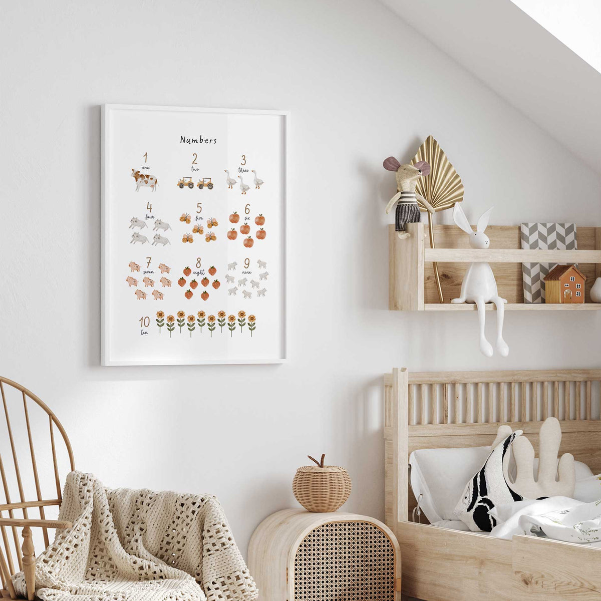 Farm counting wall art pairing numbers one to ten with groups of animals, tractors, fruit and flowers on a white background.