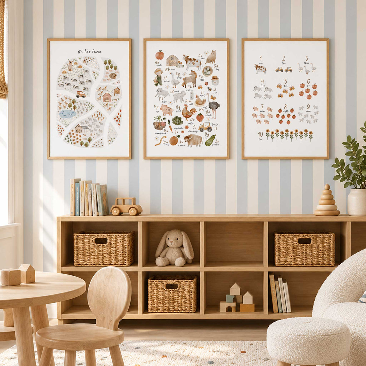 Farm alphabet and numbers print set with a detailed farm map, illustrated animals, fruit and flowers on white.
