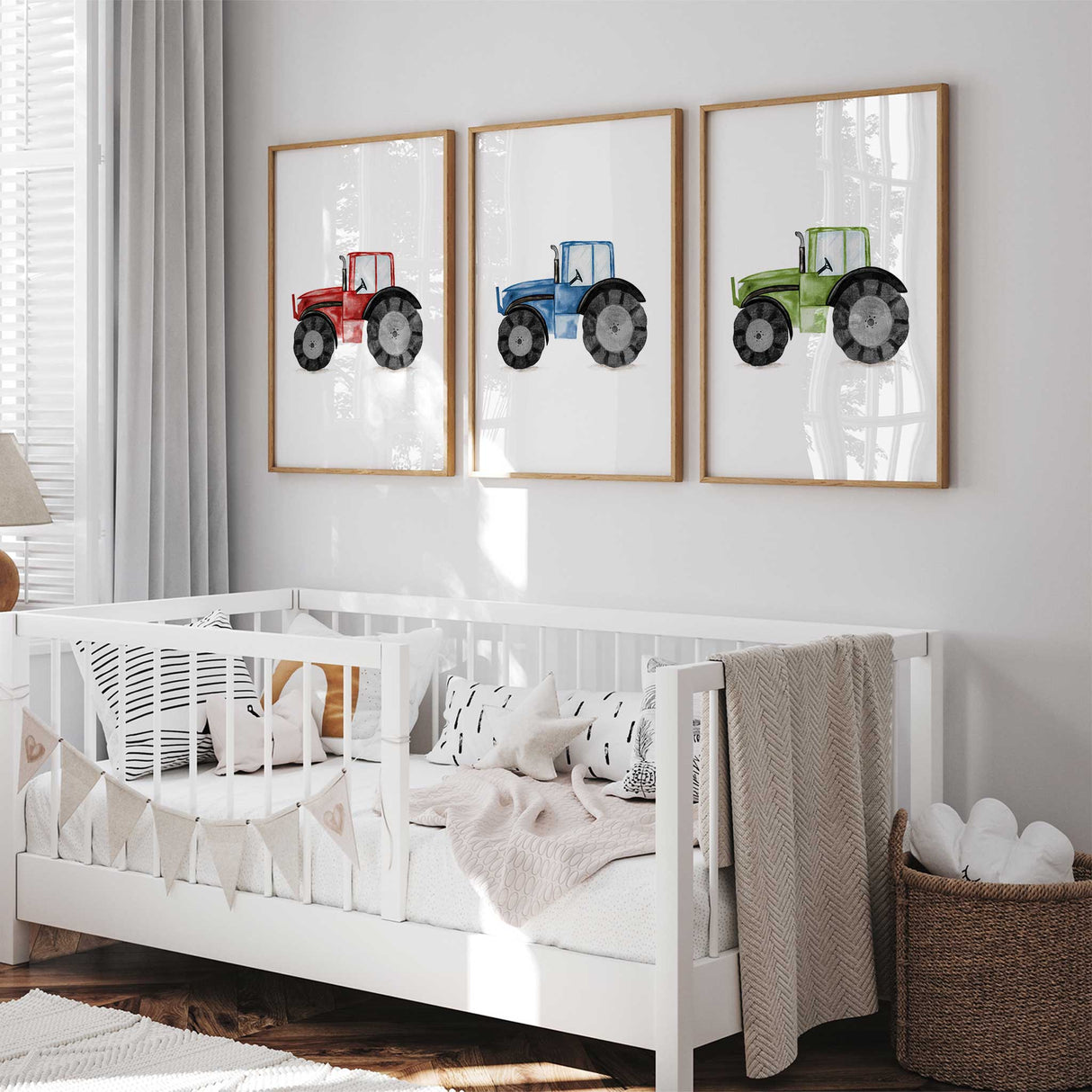 Farm tractor wall art set featuring red, green, and blue vehicles, ideal for kids bedroom or playroom decoration.