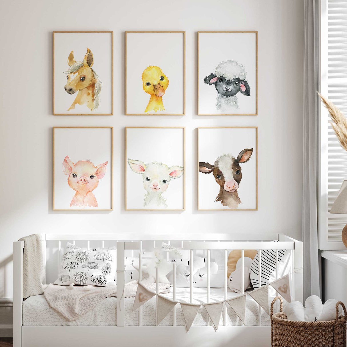 watercolour baby farm animals set including calf duckling lamb piglet pony and goat