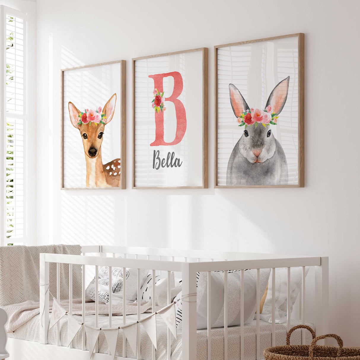 Personalised fawn and bunny nursery decor for a baby girl room