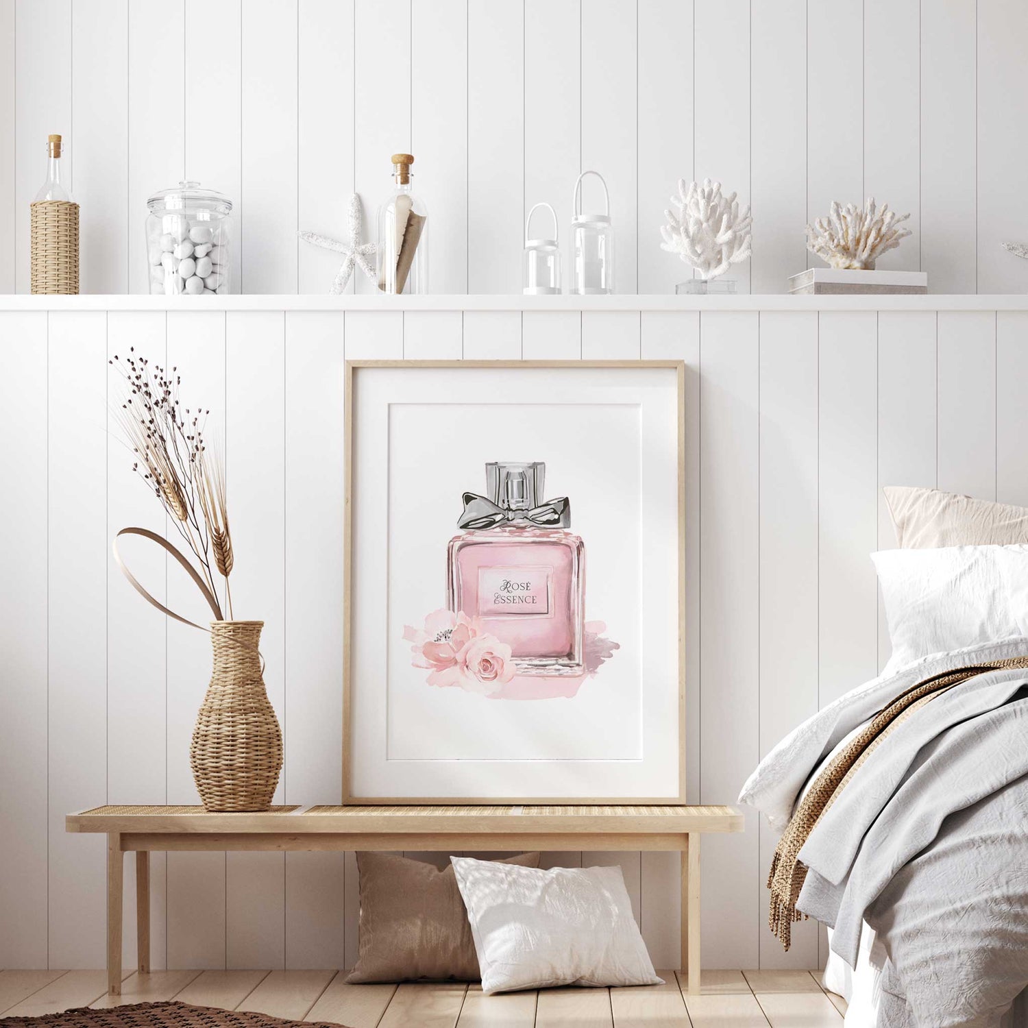 Elegant girly wall decor print of a perfume bottle, perfect for vanity or beauty room styling