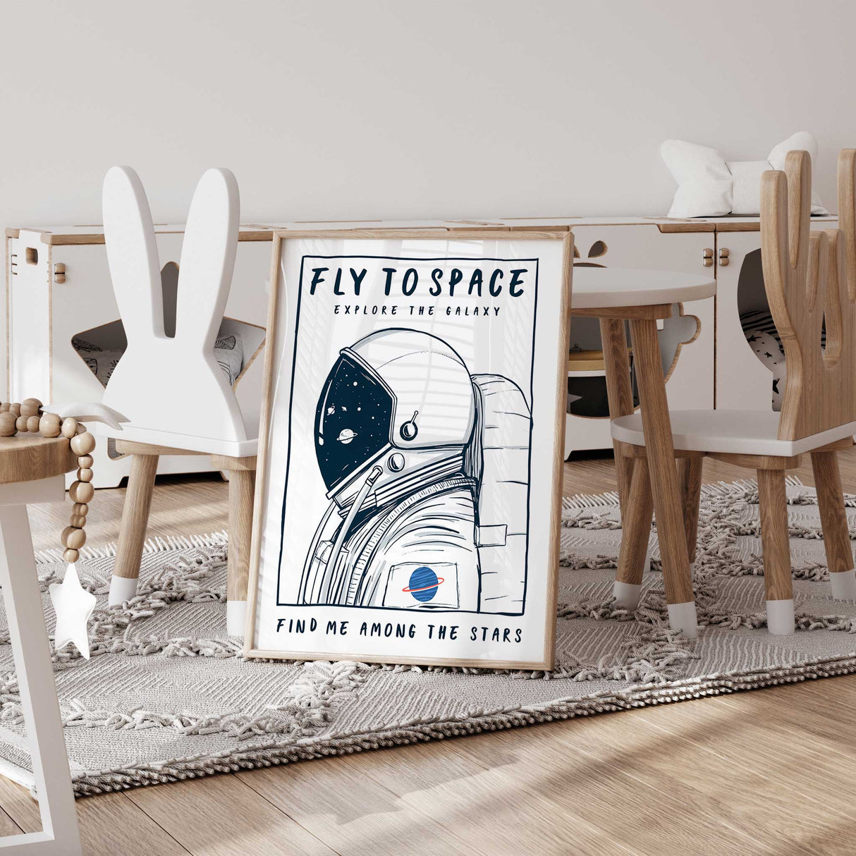 Inspirational space quote wall art for children, navy and white astronaut design.