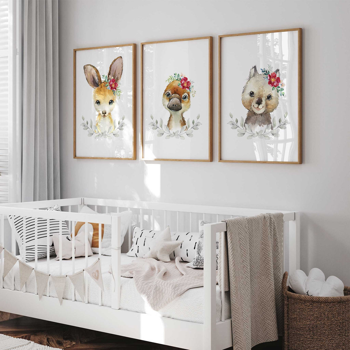Floral Australian animals nursery wall art set featuring kangaroo wombet and platypus prints
