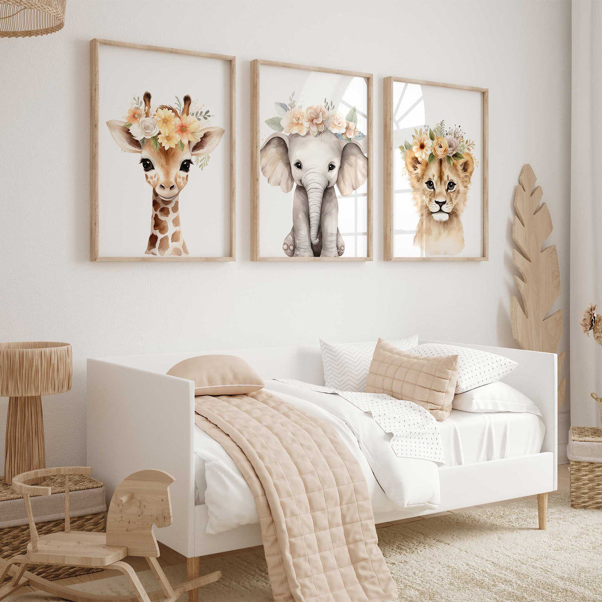 Set of 3 baby animal prints with floral crowns for girls' nursery