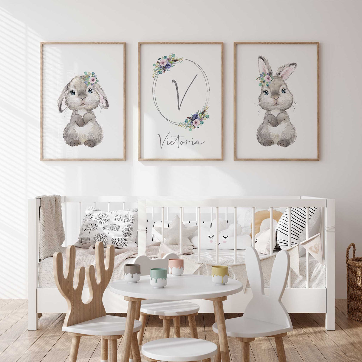 Floral bunny nursery wall art set of three prints including personalised initial.