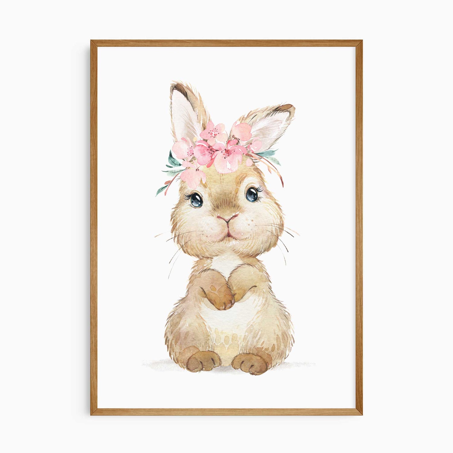Girls nursery wall art featuring a cute watercolour bunny with a pink floral crown in soft pastel tones.