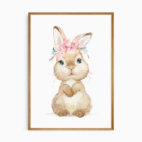 Girls nursery wall art featuring a cute watercolour bunny with a pink floral crown in soft pastel tones.