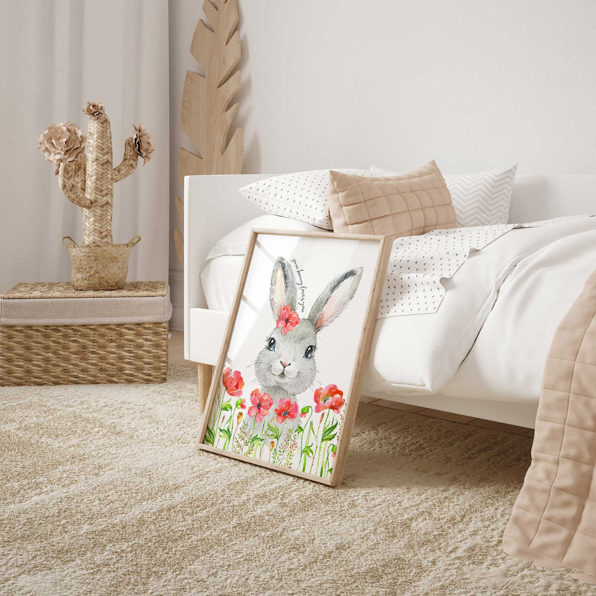 Cute bunny illustration with poppies and greenery in pastel style