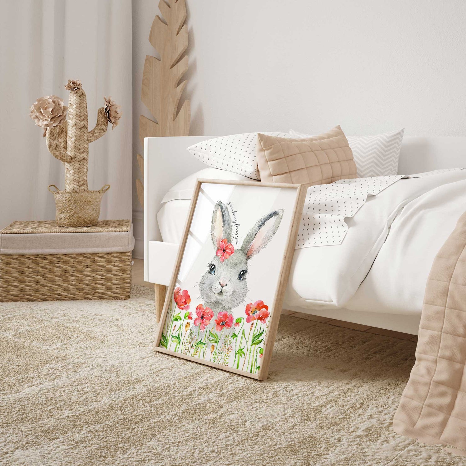 Cute bunny illustration with poppies and greenery in pastel style