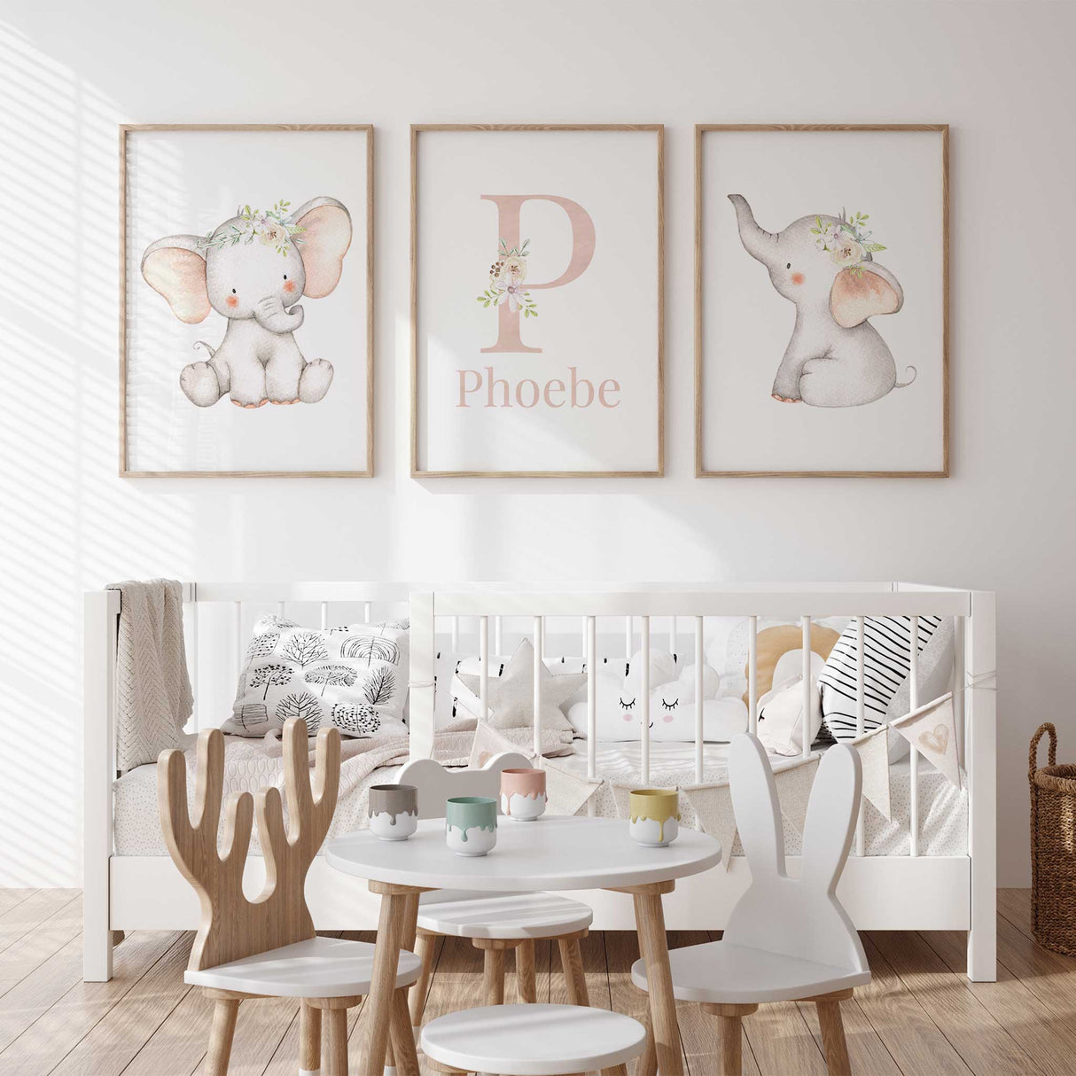 Cute floral elephant illustration nursery print for girls' bedrooms.