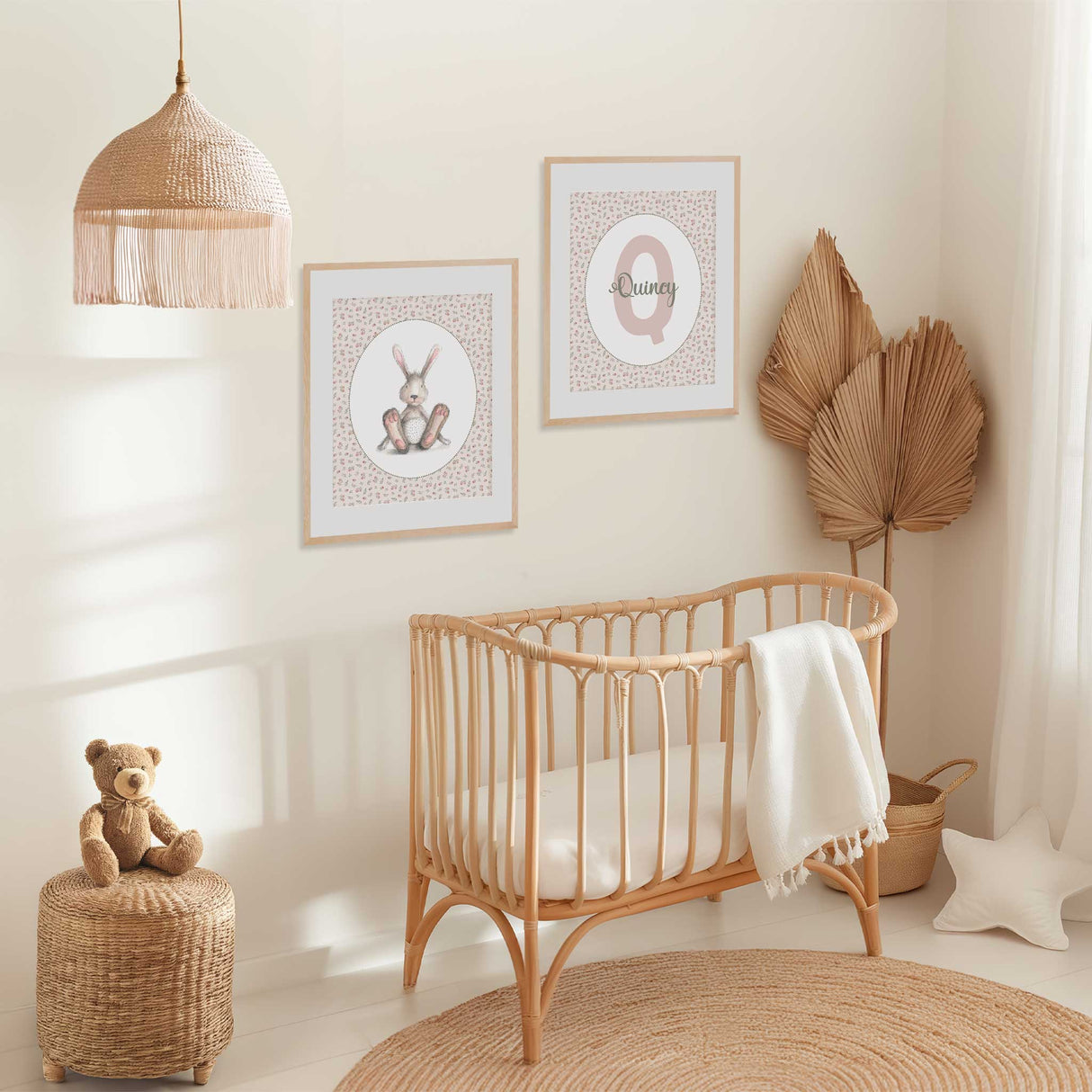 Personalised floral initial and bunny nursery wall art set with rose details for girls bedroom décor