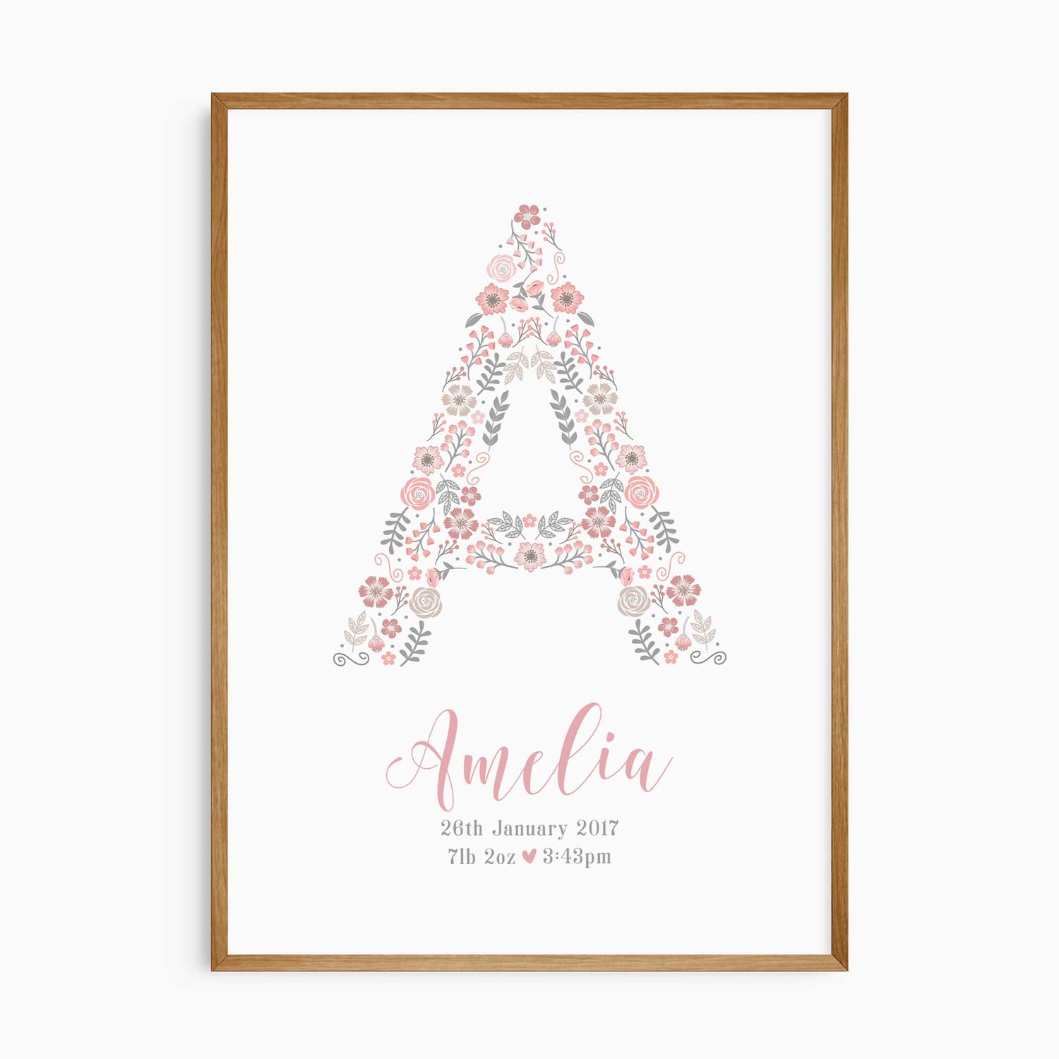 Personalised girls name print in pink floral design with birth details
