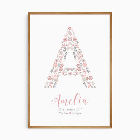 Personalised girls name print in pink floral design with birth details