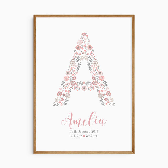 Personalised girls name print in pink floral design with birth details