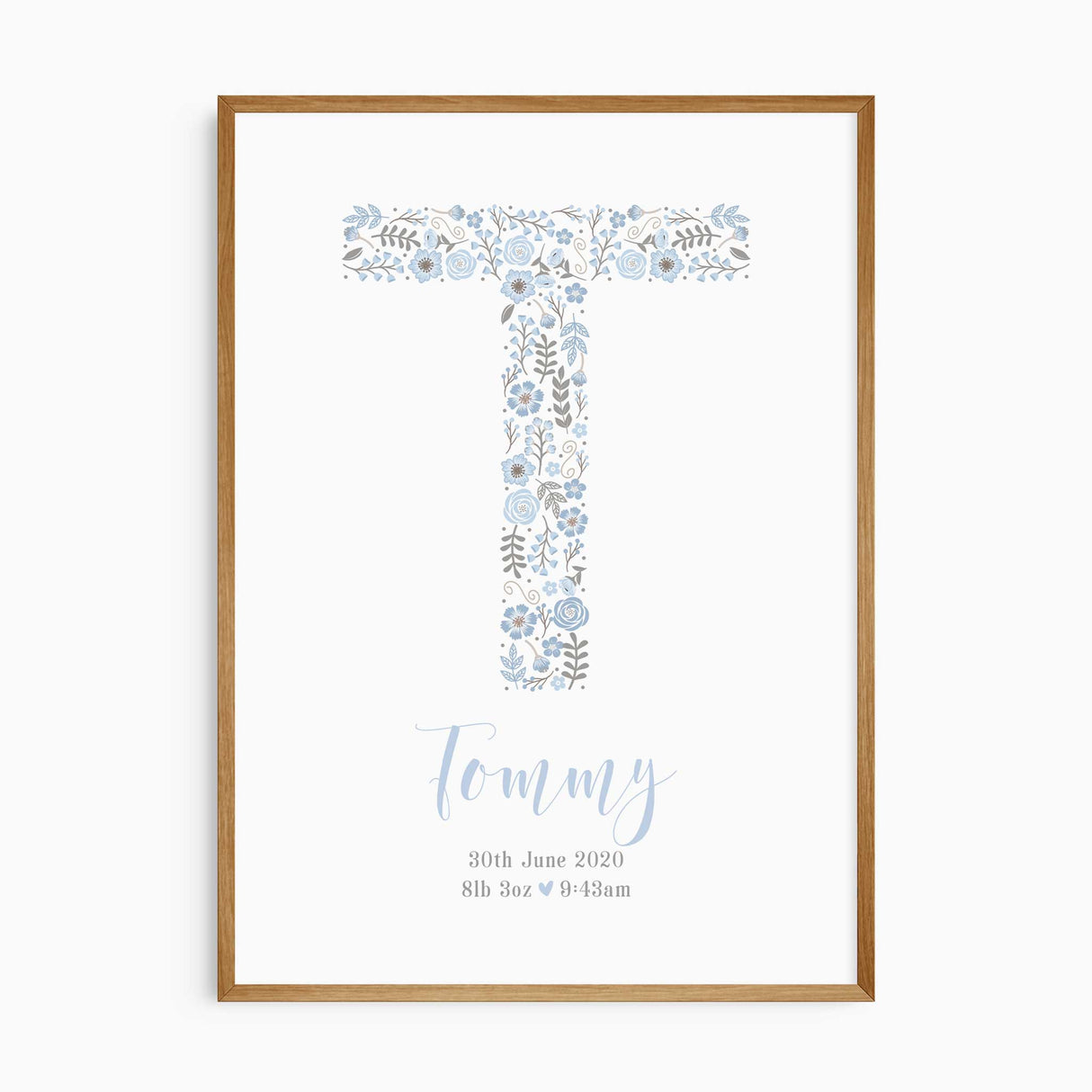 Personalised boys name print in blue floral design with birth details