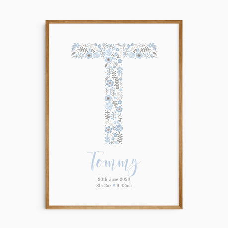 Personalised boys name print in blue floral design with birth details