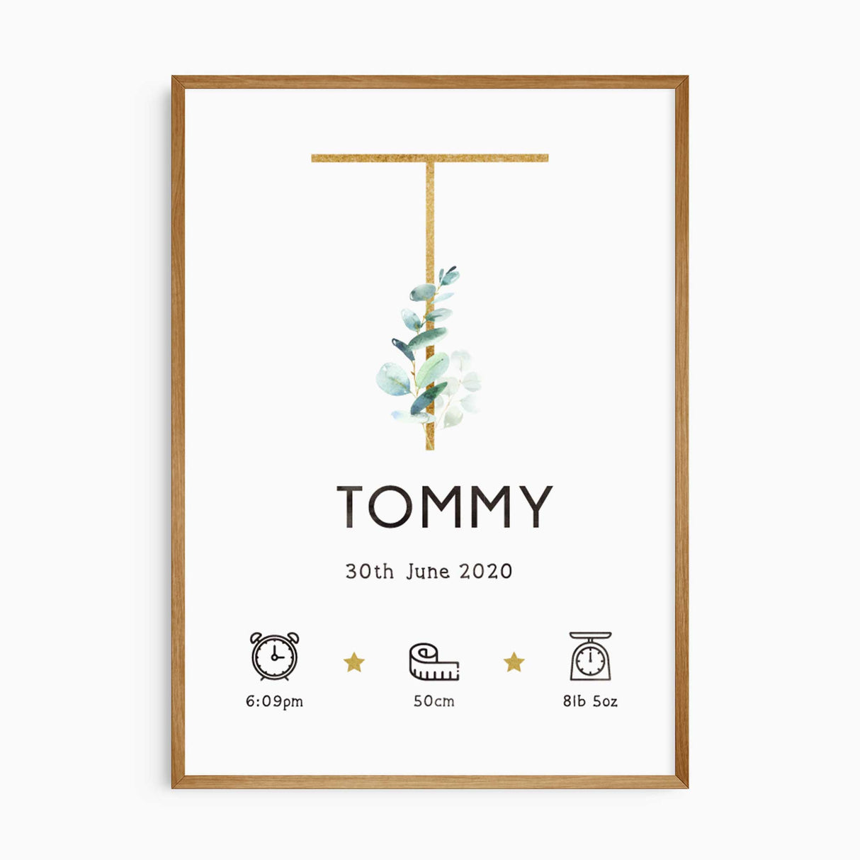 Personalised baby birth print with neutral floral initial and custom baby details