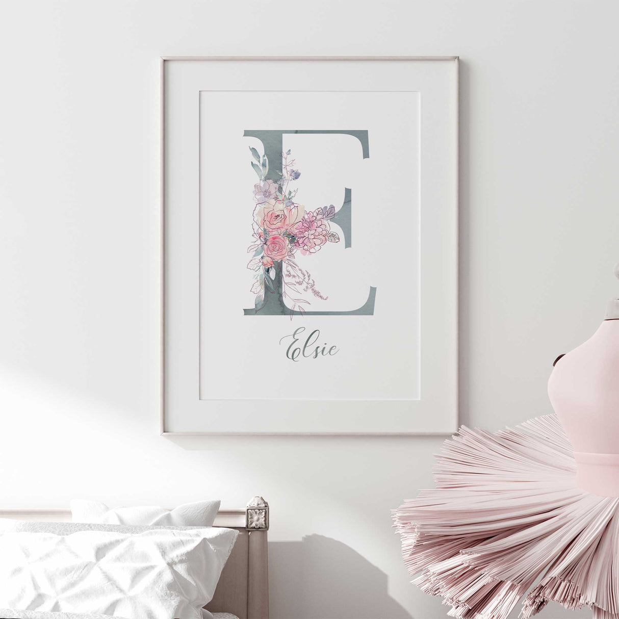 Watercolour floral letter print personalised with child’s name in soft pastel tones for girls room styling.