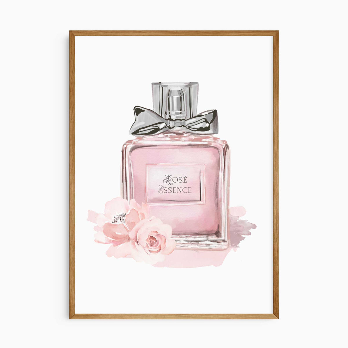 Rosé Essence perfume wall art featuring a blush pink perfume bottle with soft watercolour flowers and delicate floral details.