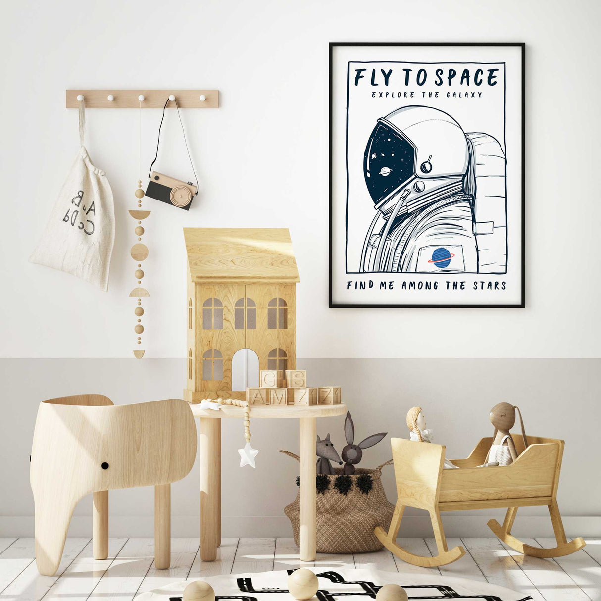 “Fly to Space” wall art with astronaut suit and planet stars, boys room decor.