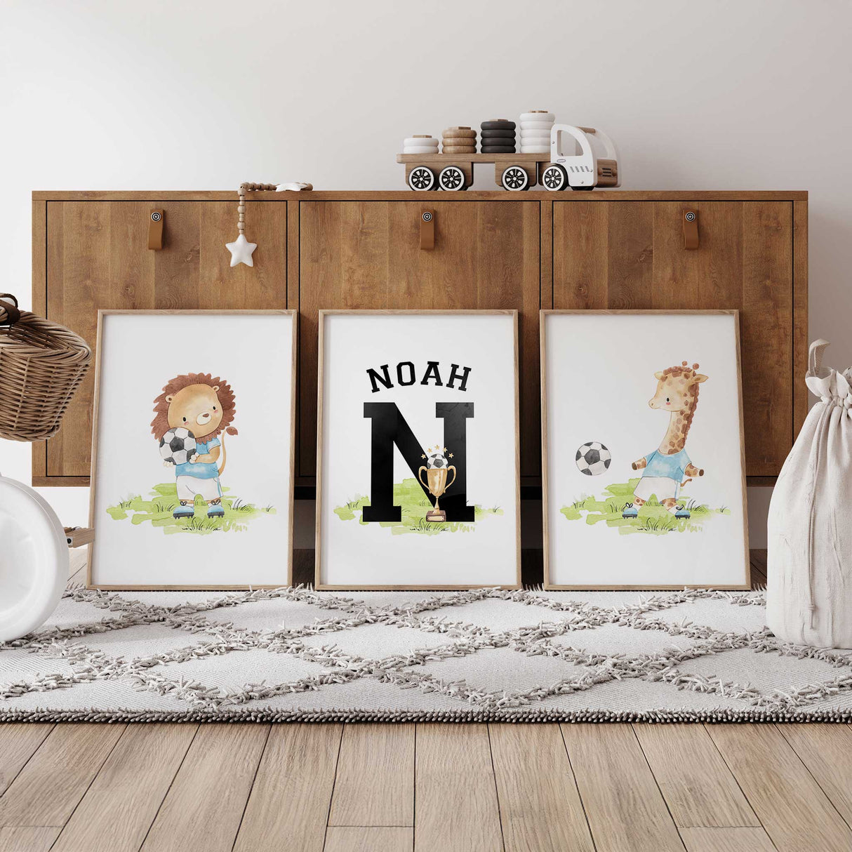 Football-themed personalised animal print set for kids or toddler room