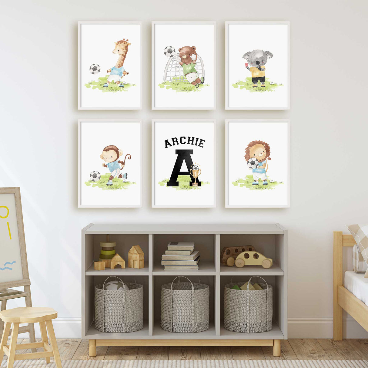 Custom football-themed nursery prints with animals and name