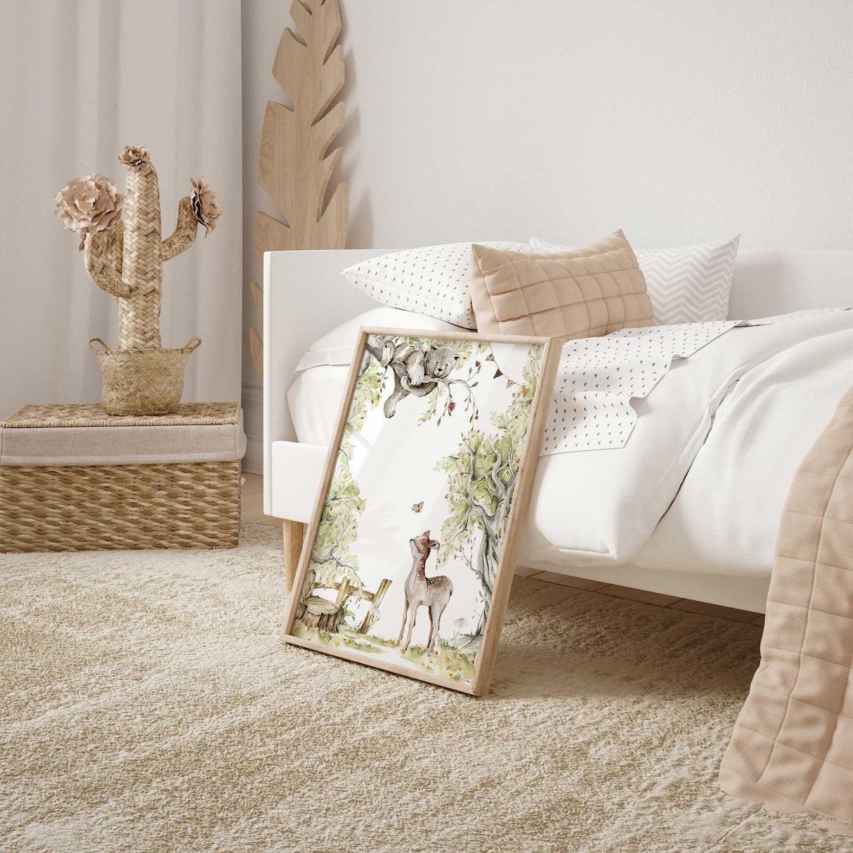 forest nursery wall art showing bear on branch and deer in meadow
