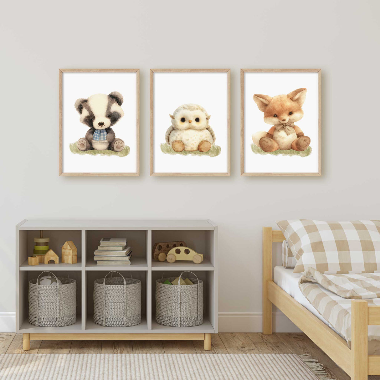 Adorable fox badger owl wall art soft neutral illustration for nursery decor