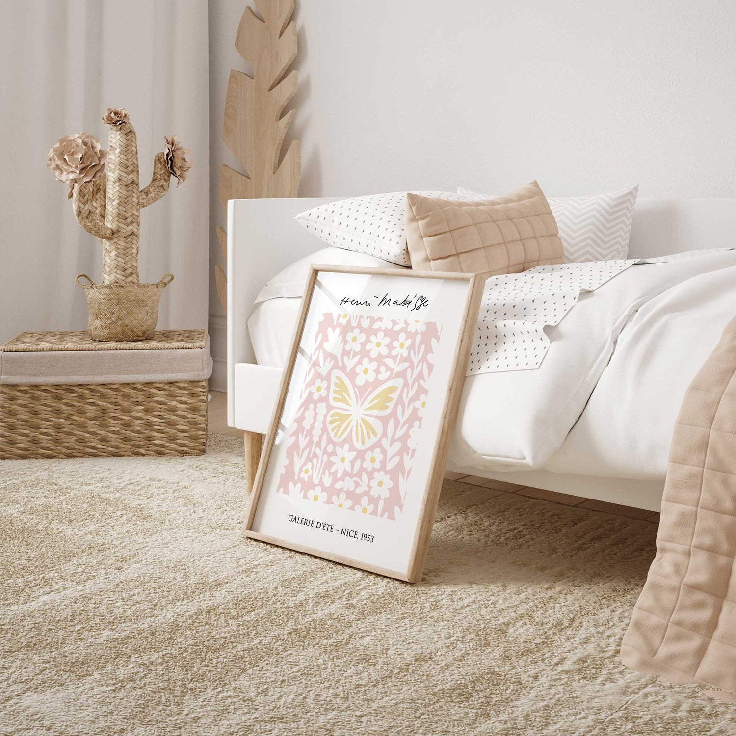 French gallery-style butterfly poster with botanical shapes in pink