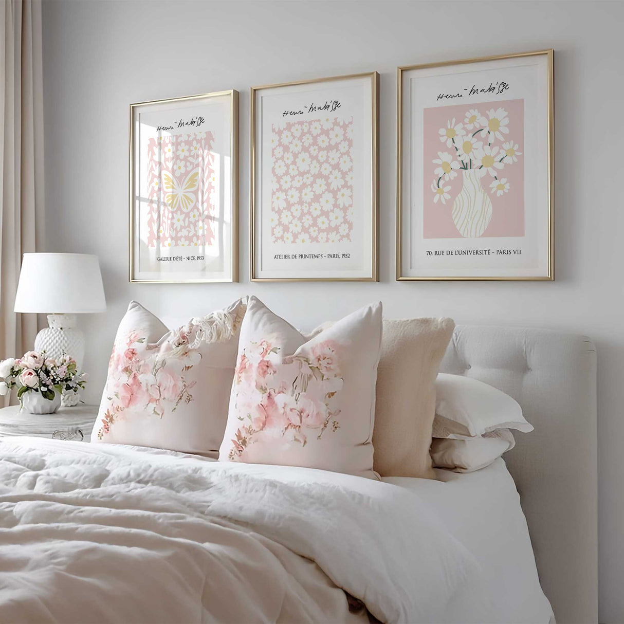 Modern French art print set featuring flowers and butterfly in Matisse style