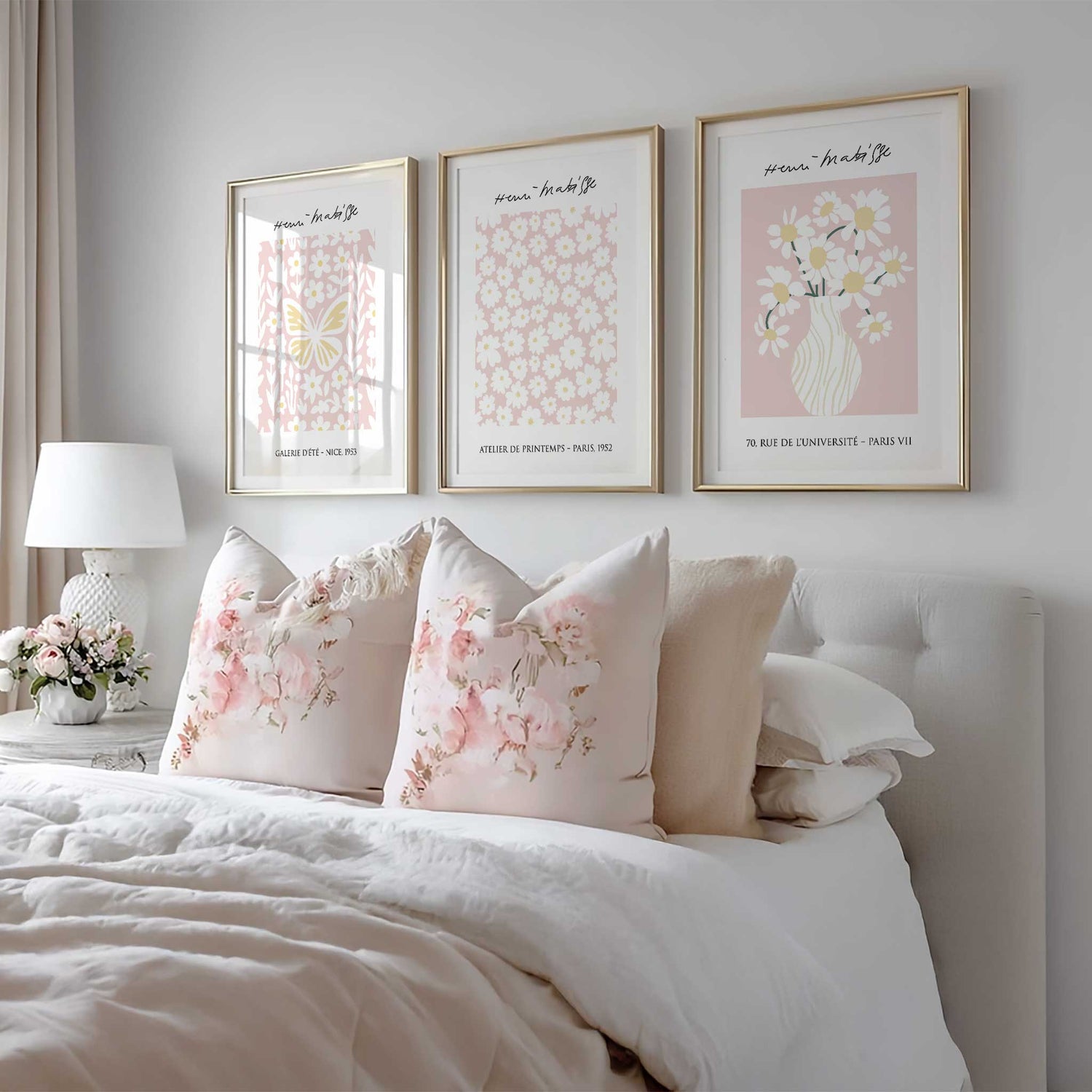 Modern French art print set featuring flowers and butterfly in Matisse style