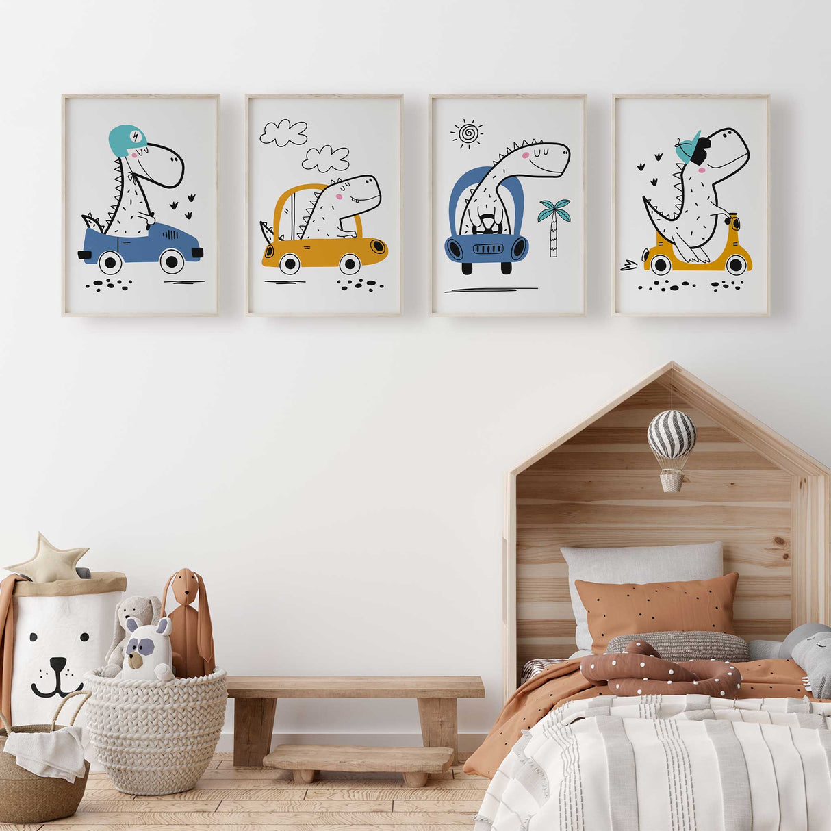 Fun dinosaur vehicle wall art prints set for boys bedroom, nursery, or playroom