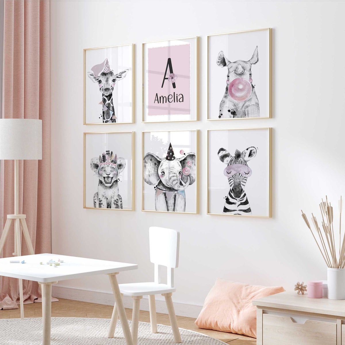 Personalised Safari Nursery Wall Art Set for Girls Room – My Tommy Prints