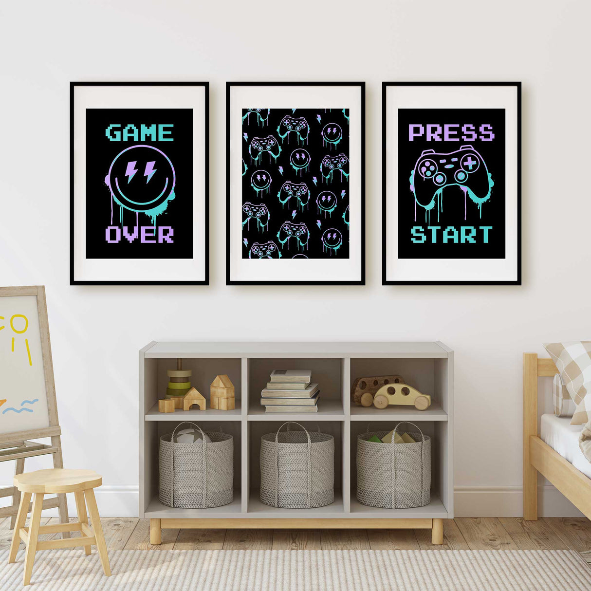 Neon Gamer Wall Art Set – Press Start, Game Over, Controller Print