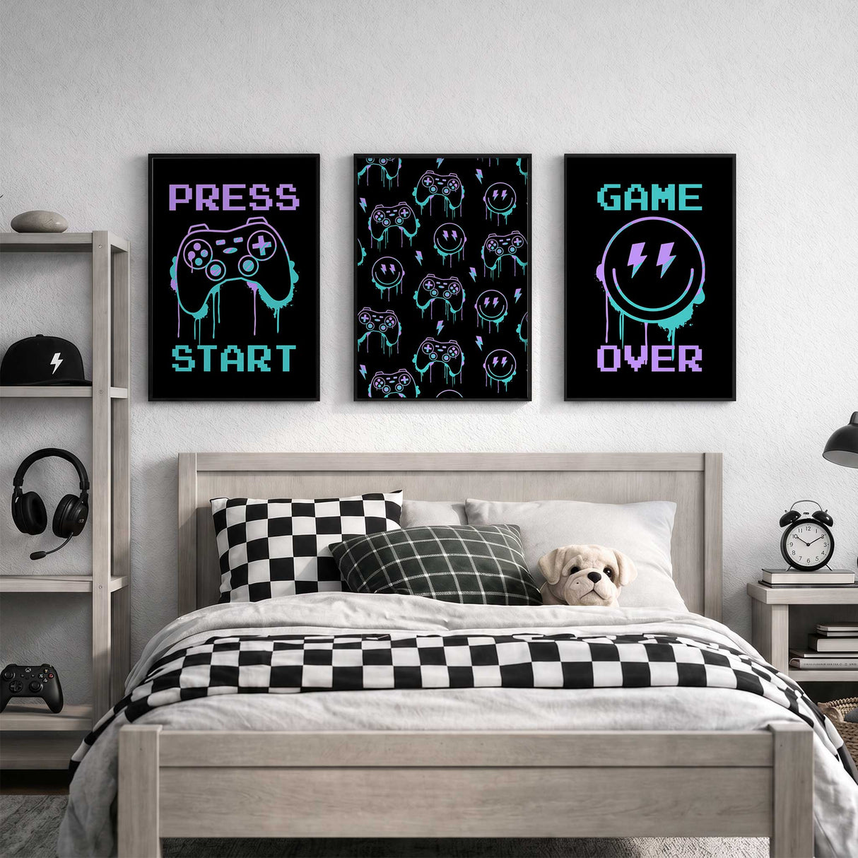 Set of three neon gaming wall art prints with Game Over, controllers, smiley faces and Press Start designs