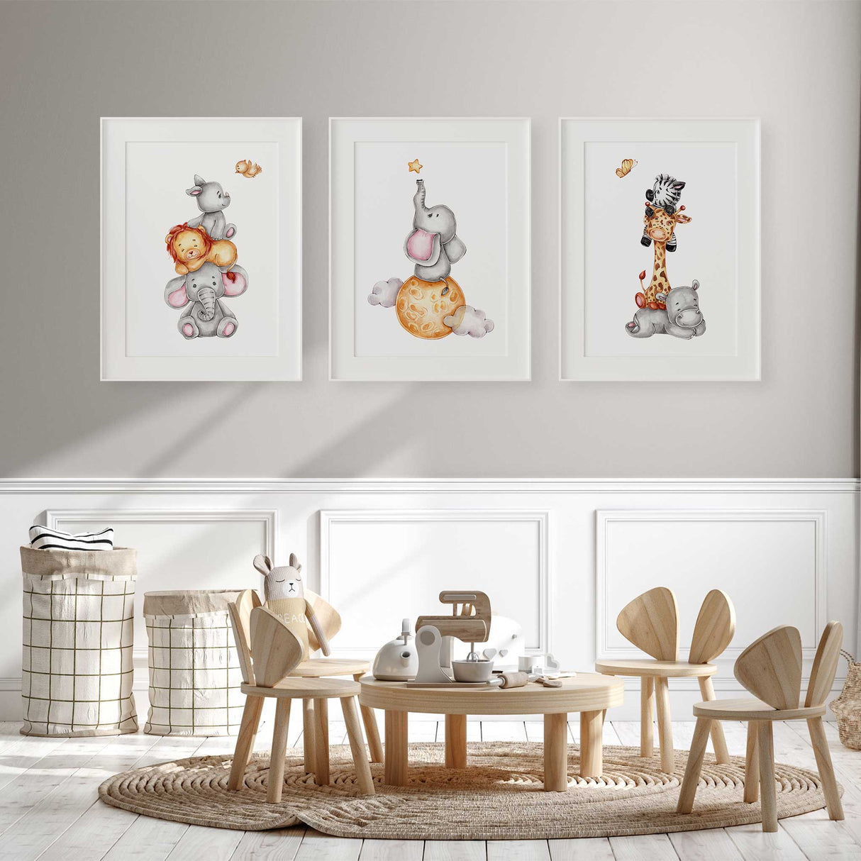 Neutral safari animal wall art trio – perfect for boys or girls nurseries