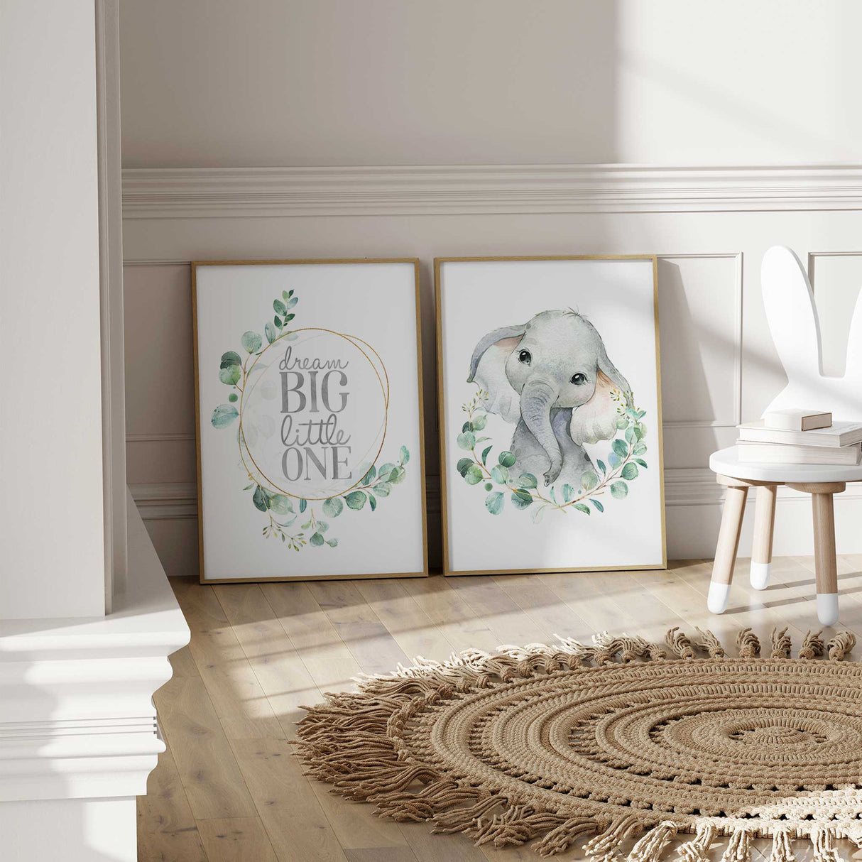 Unisex nursery wall art set featuring elephant and eucalyptus style.