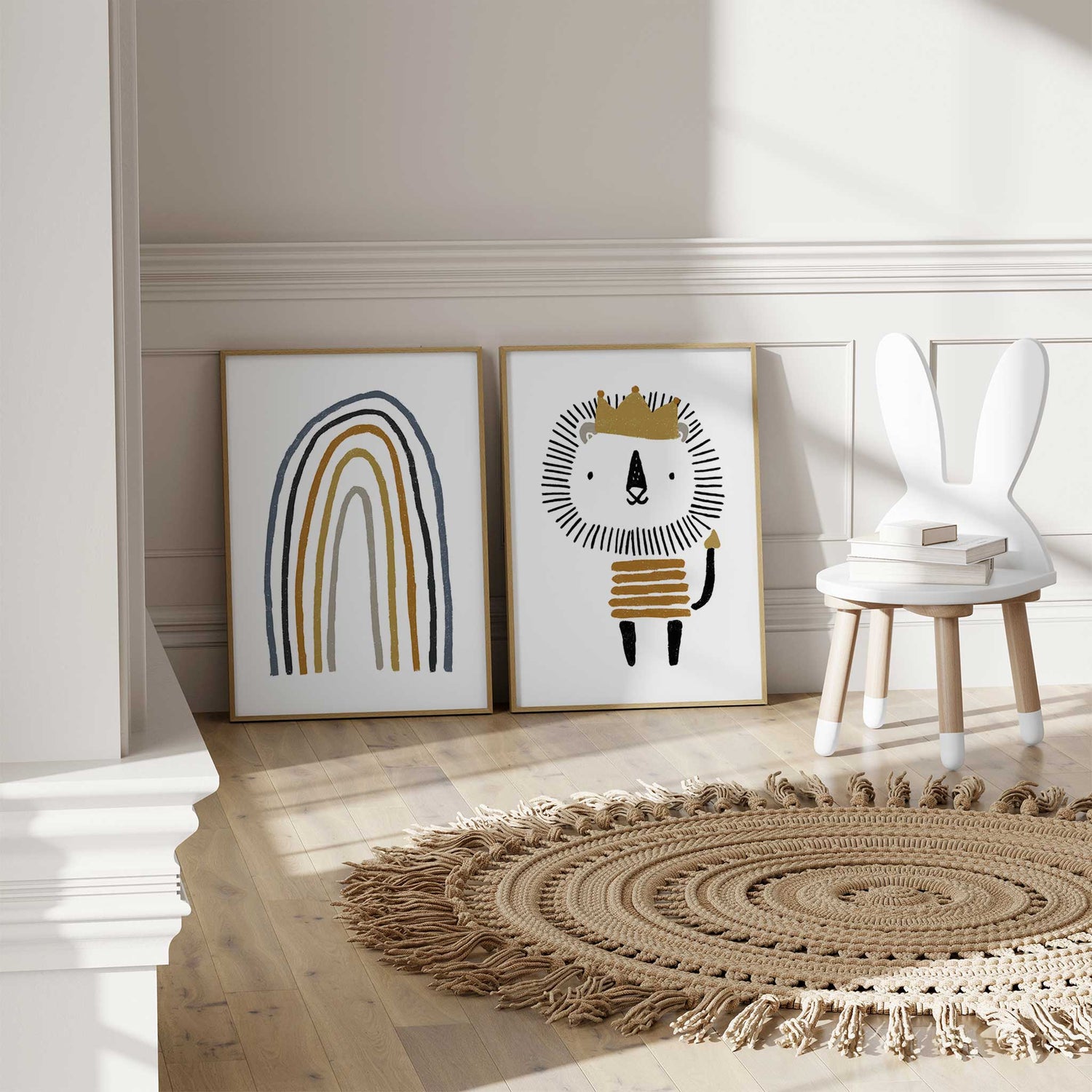 Gender-neutral kids room wall art with lion and rainbow