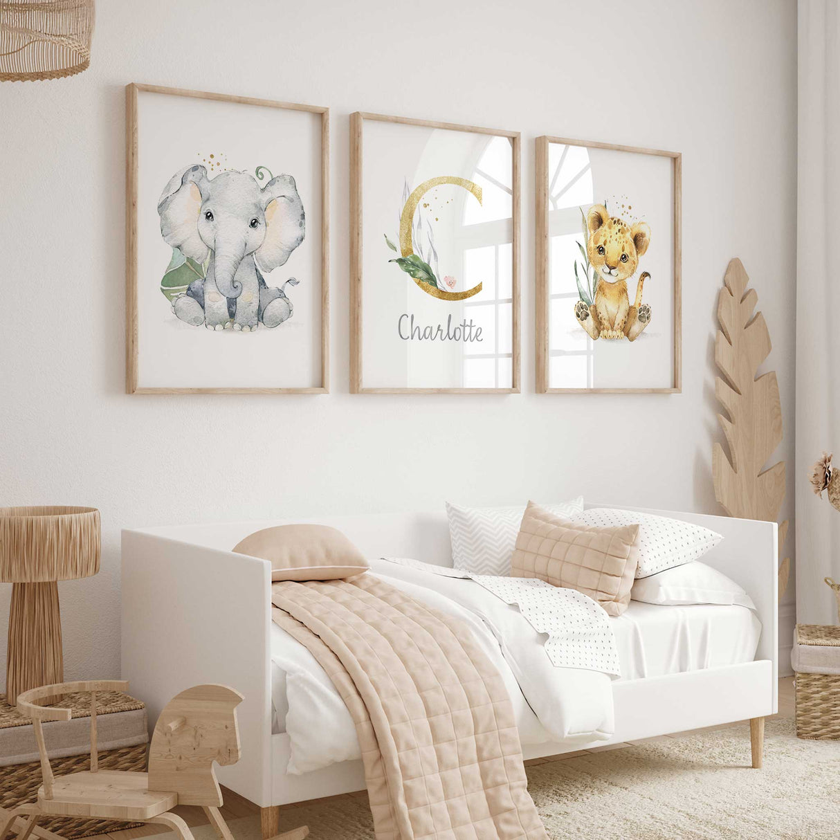 gender neutral custom safari nursery wall art set with personalised initial