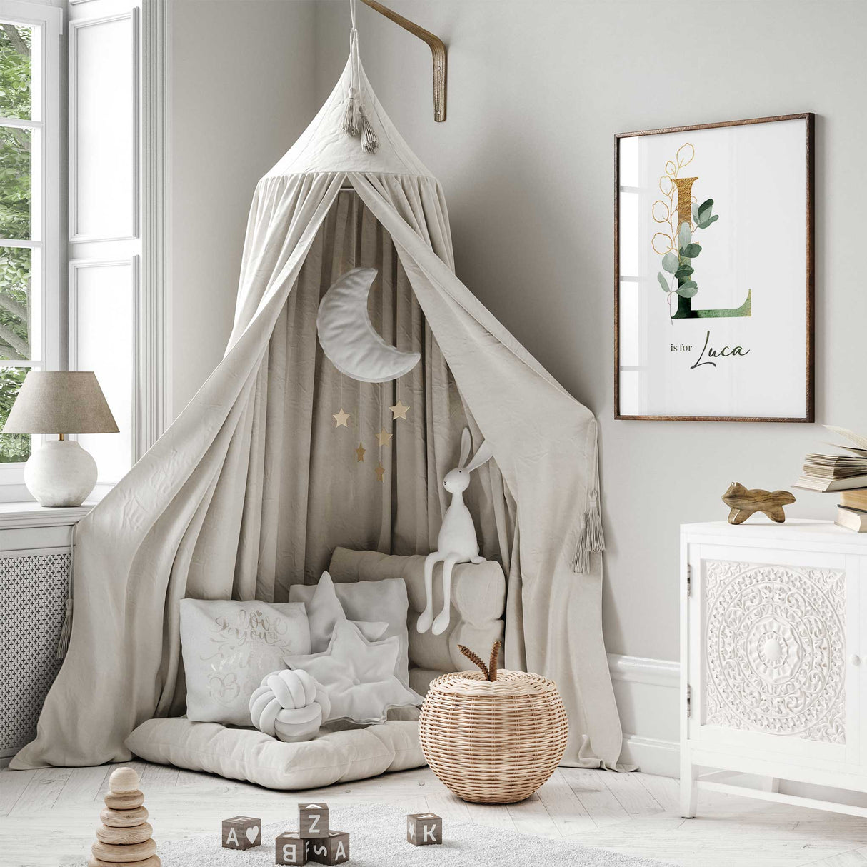 Gender neutral nursery print with personalised initial, soft green foliage and gold botanical details.