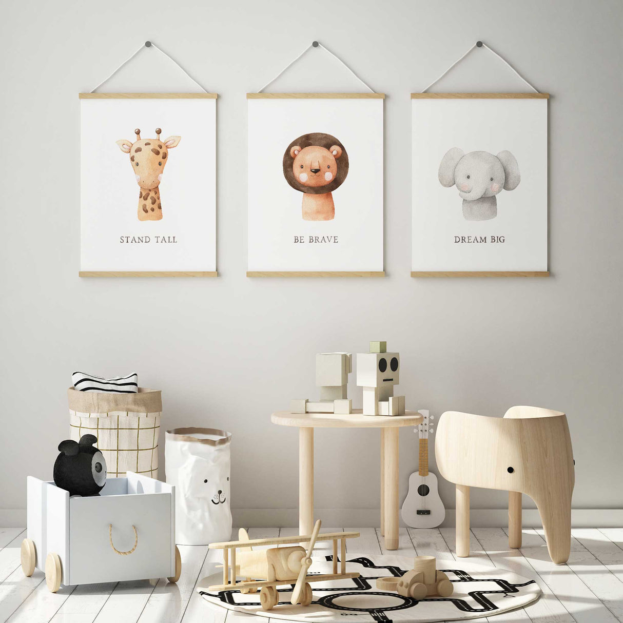 Safari theme prints for modern nursery in boho or Scandi decor style