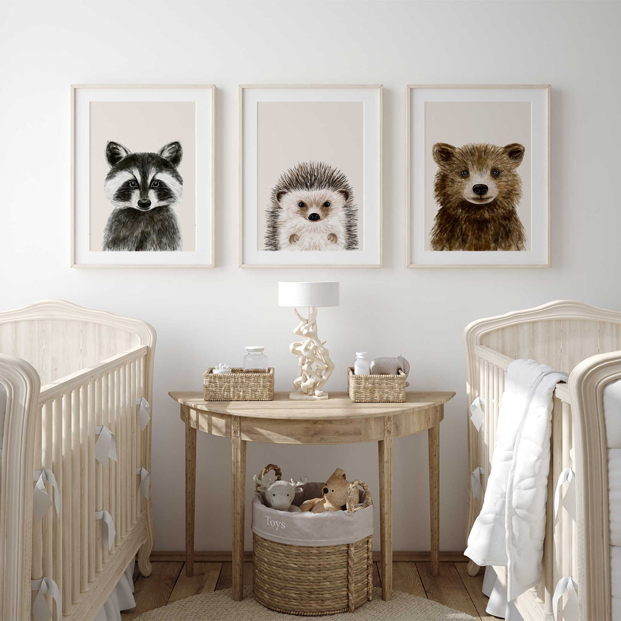 Set of 3 woodland prints for baby room – cute forest animals in earthy colors