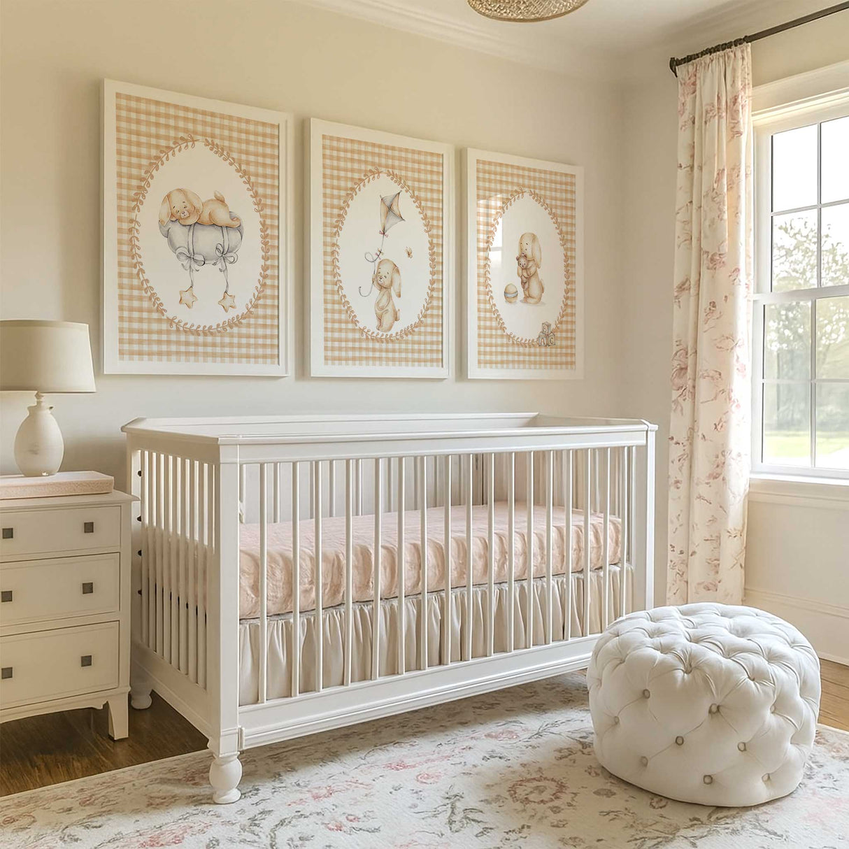 Gingham nursery wall art featuring soft watercolour bunny illustrations